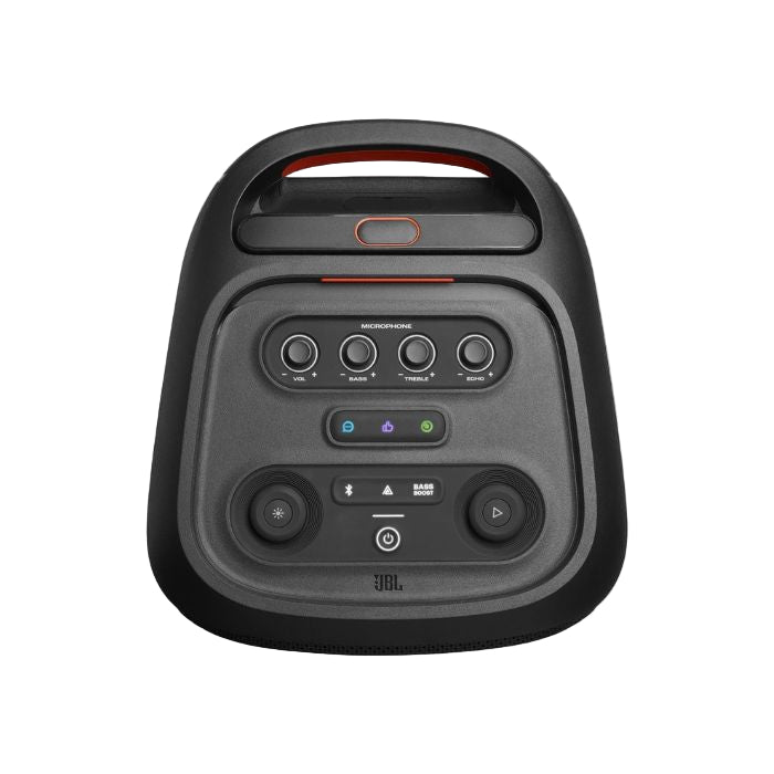 Black portable speaker with control buttons on a white background