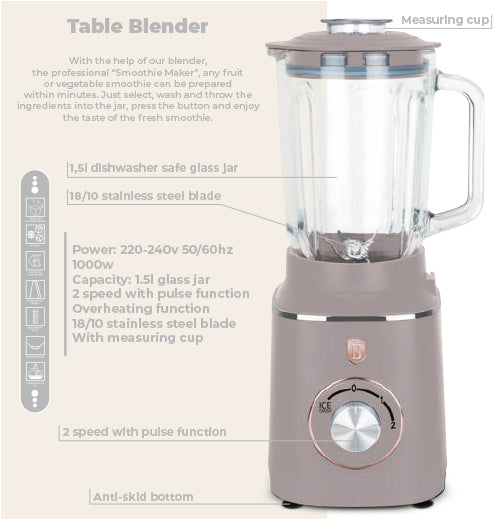 Berlinger Table Blender Glass Jar, 1.5Lit, 1000Watts, Taupe