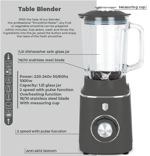 Berlinger Table Blender Glass Jar, 1.5Lit, 1000Watts, Antracit