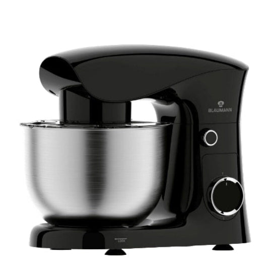 Black stand mixer with a silver bowl on a white background
