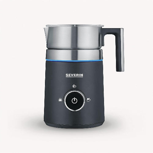 A black Severin Induction Milk Frother with a stainless steel top and a power button on the front.