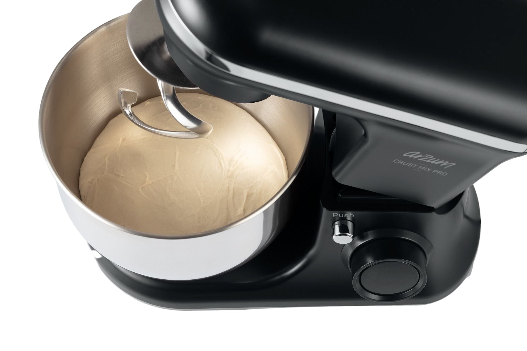 Kitchenaid stand mixer with a bowl containing dough on a white background