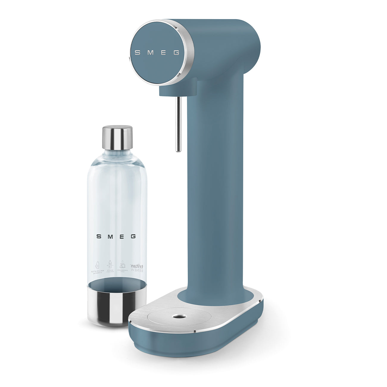 Blue Smeg sparkling water dispenser with a bottle on a white background