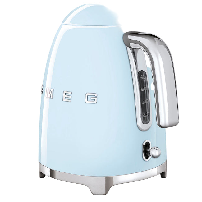 Light blue kettle with chrome accents on a white background