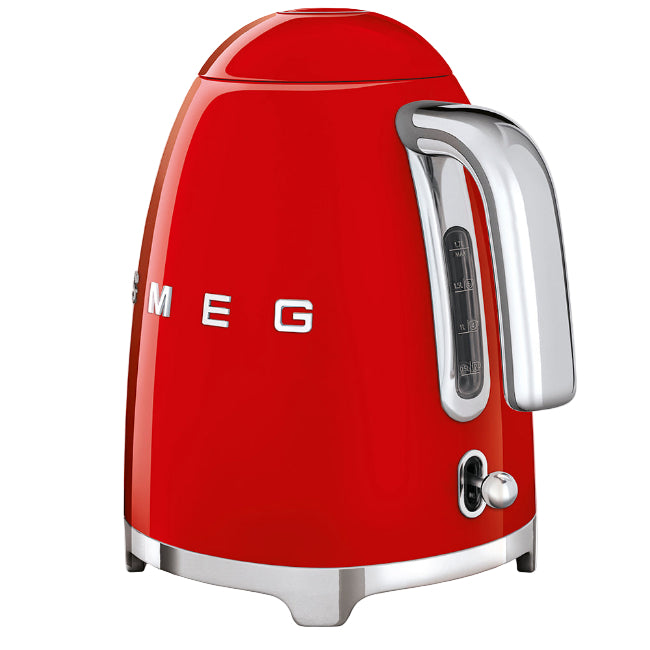 Red Smeg kettle with a white background
