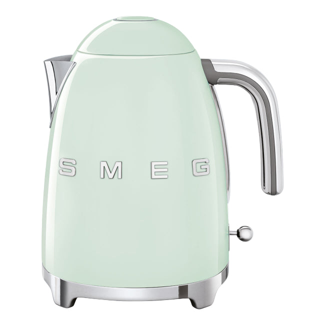 Mint green kettle with 'SMEG' branding on a white background