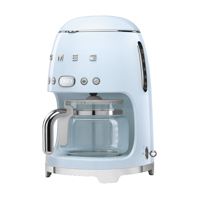 Vintage-style light blue coffee machine with Smeg logo on a white background