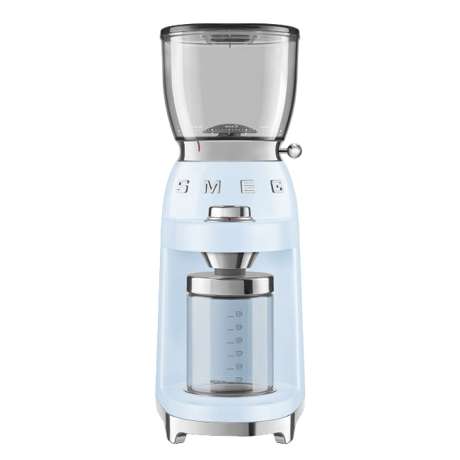 Light blue coffee grinder with clear glass container on a white background