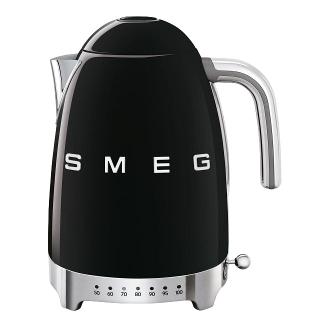 Black Smeg kettle with metallic accents on a white background