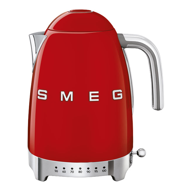 Red Smeg kettle with silver accents on a white background