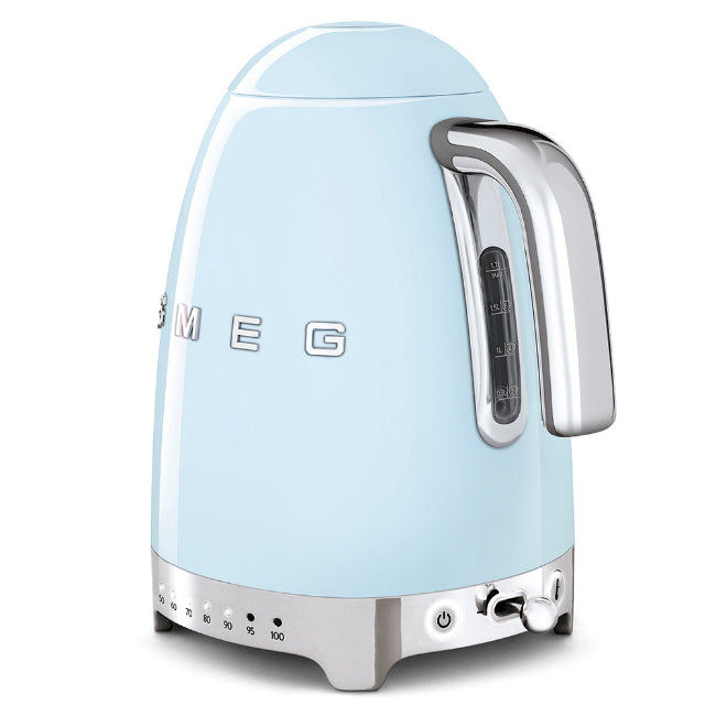 Light blue kettle with silver accents on a white background