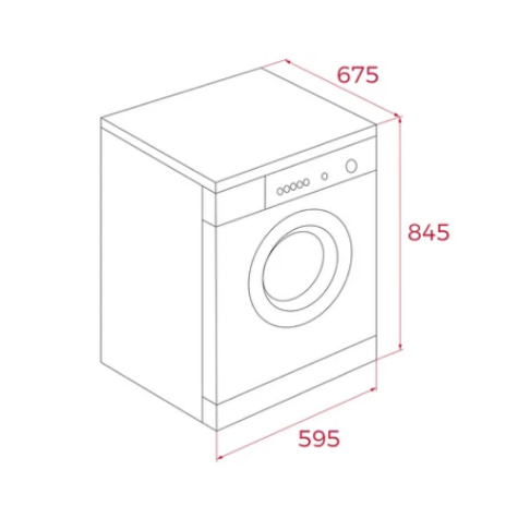 Line drawing of a washing machine with dimensions labeled
