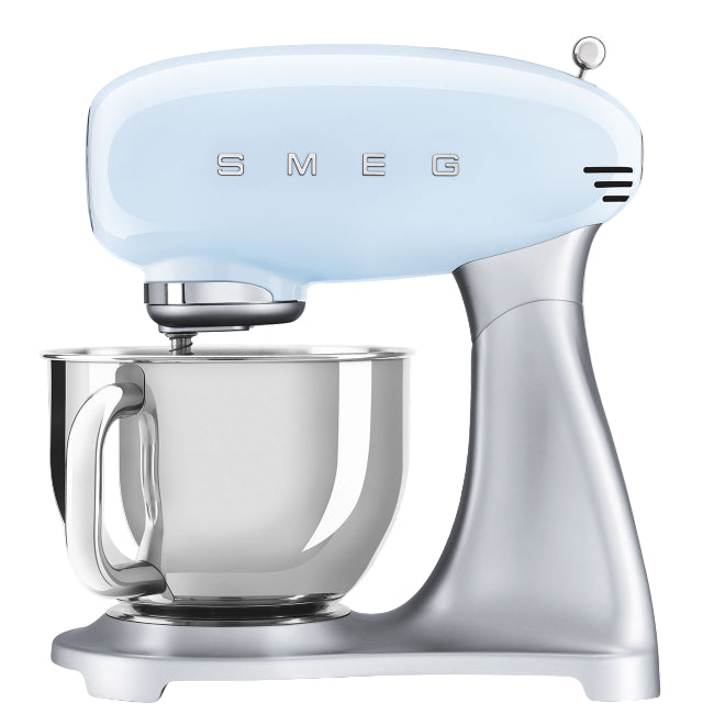 Smeg stand mixer with a light blue lid on a white background
