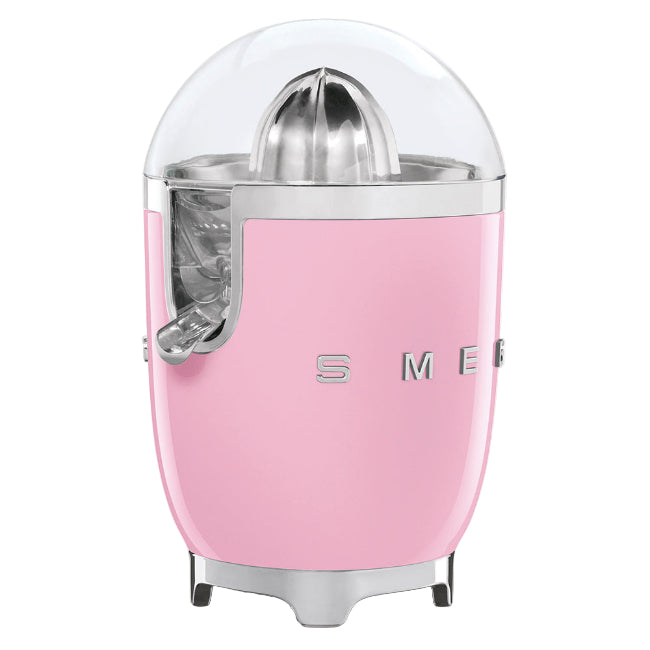 Pink citrus juicer with silver top on a white background
