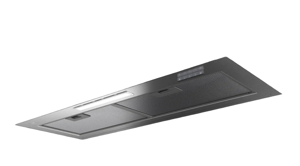 Stainless steel range hood mounted on a black wall