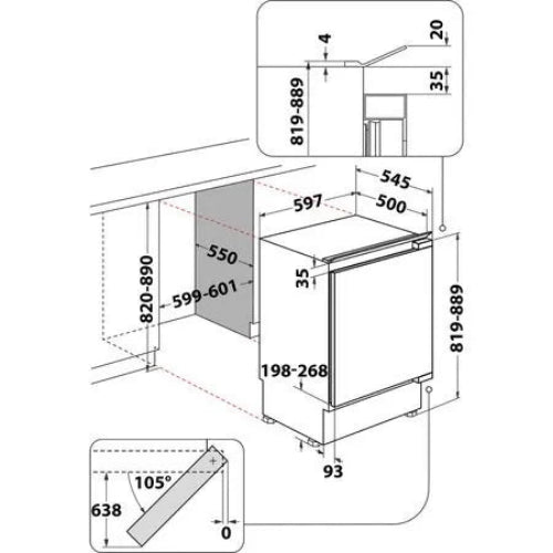Technical drawing of a kitchen cabinet with dimensions labeled