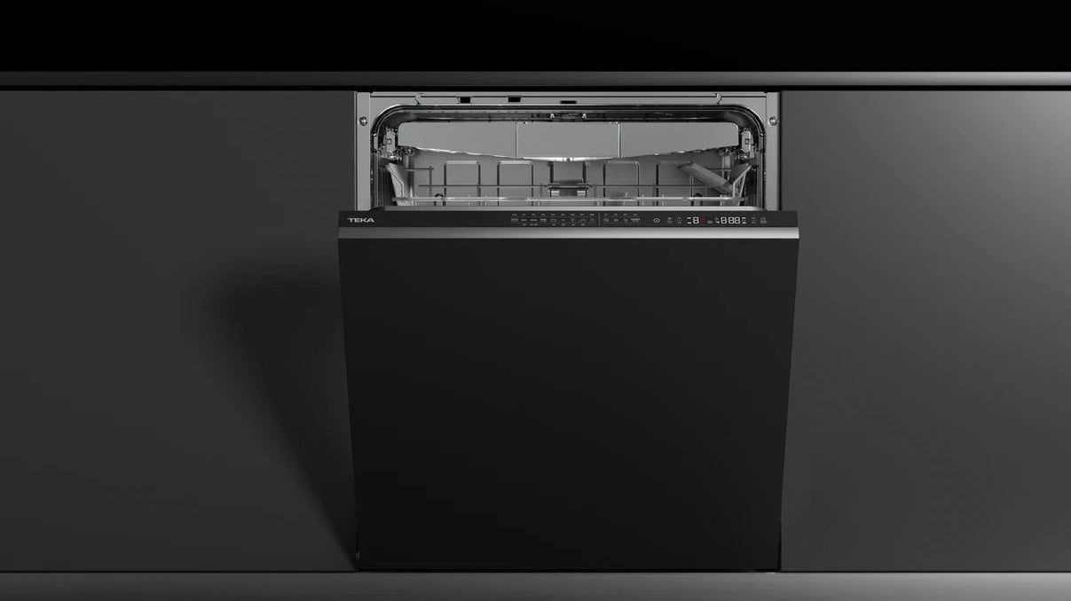 Black dishwasher against a dark gray wall