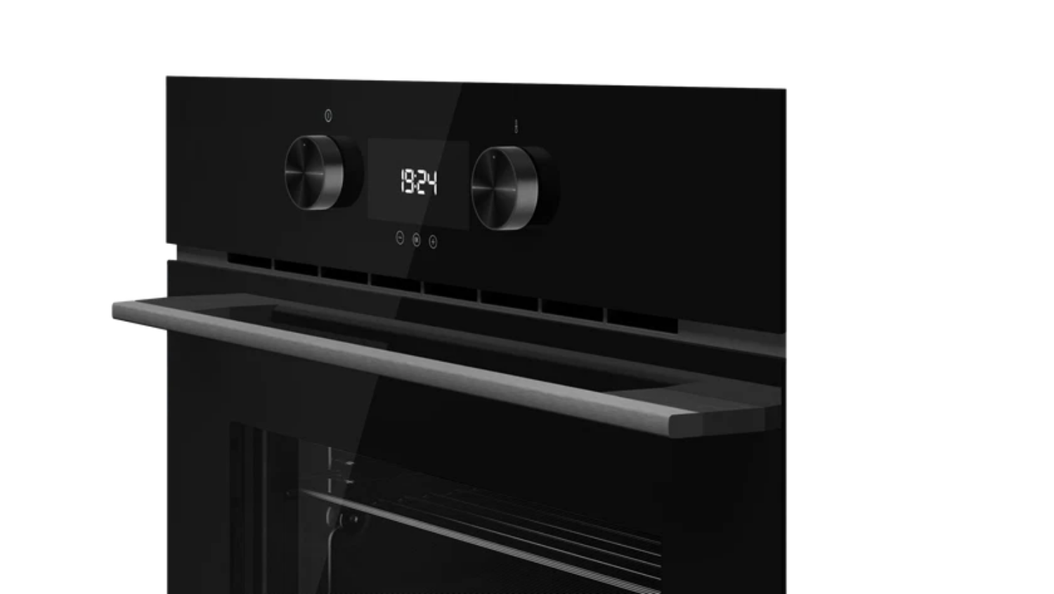 Black oven with digital display on a white background