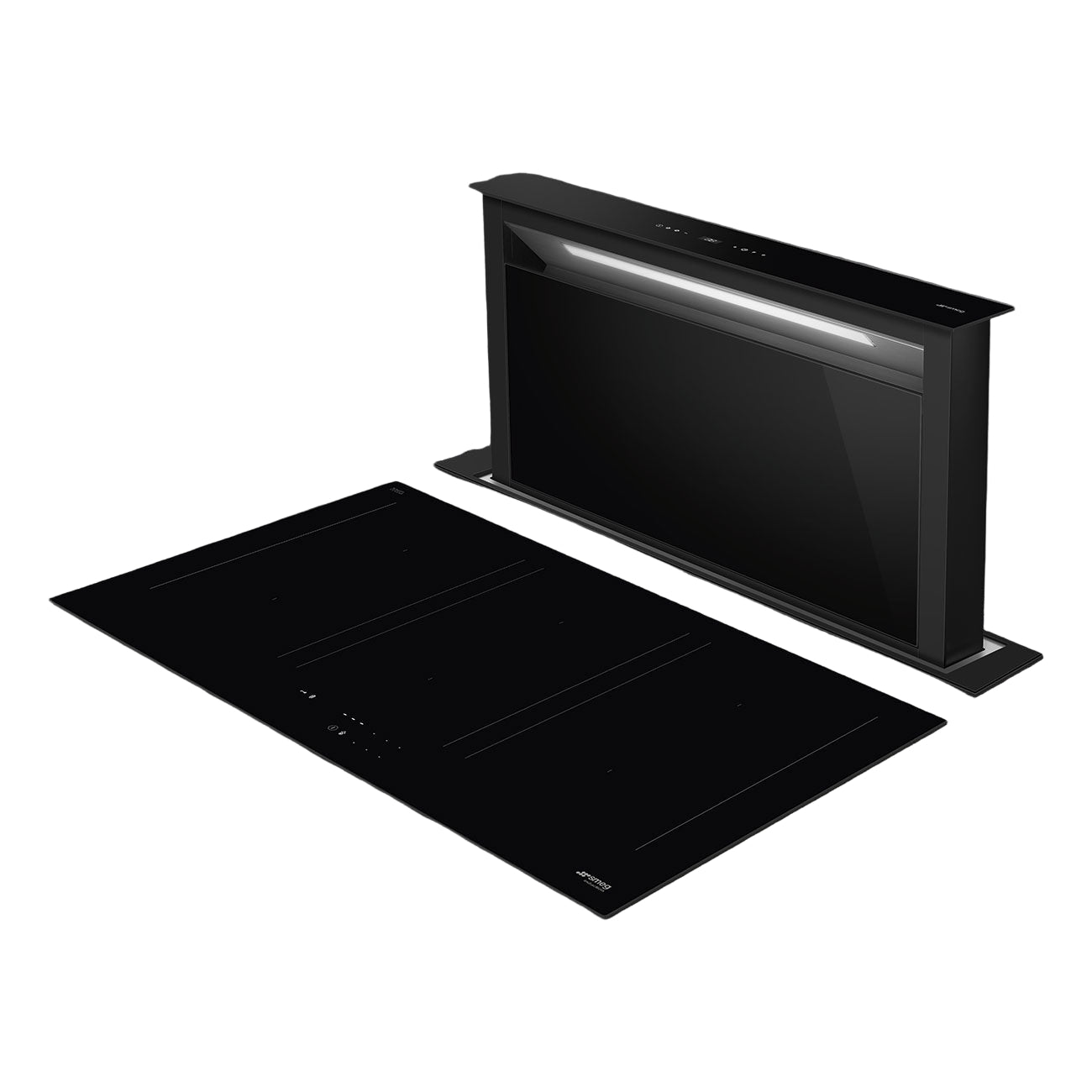 Modern black kitchen hood on a gray countertop