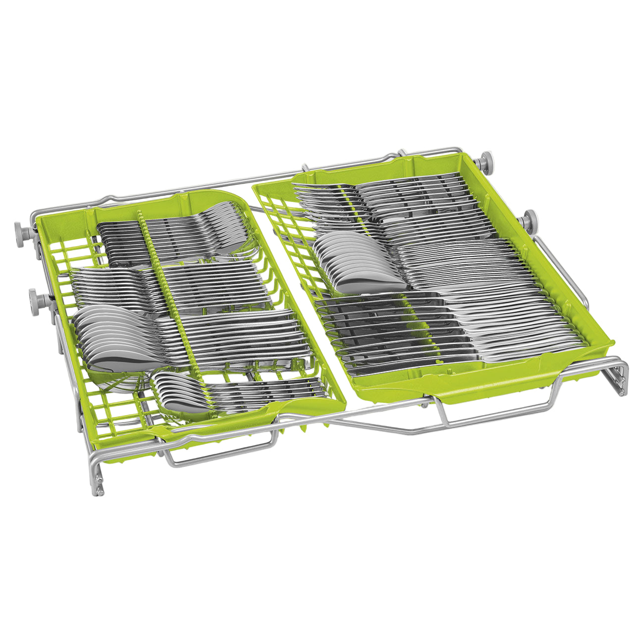 Dishwasher rack with cutlery on a white background