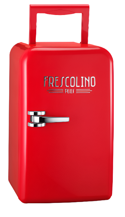 Red portable cooler with 'Frescolino' branding on a white background