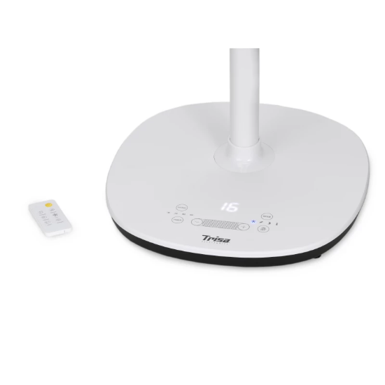 White Trisa electric toothbrush base with digital display and remote control on a white background