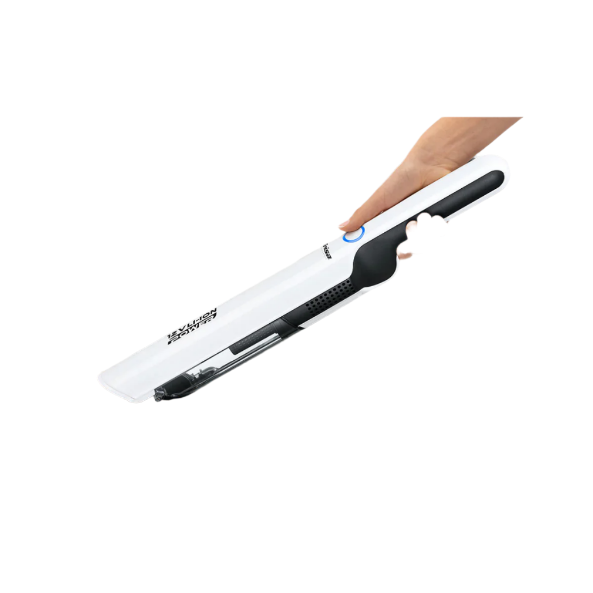 Person using a white and black cleaning tool on a wooden surface with a blurred indoor background