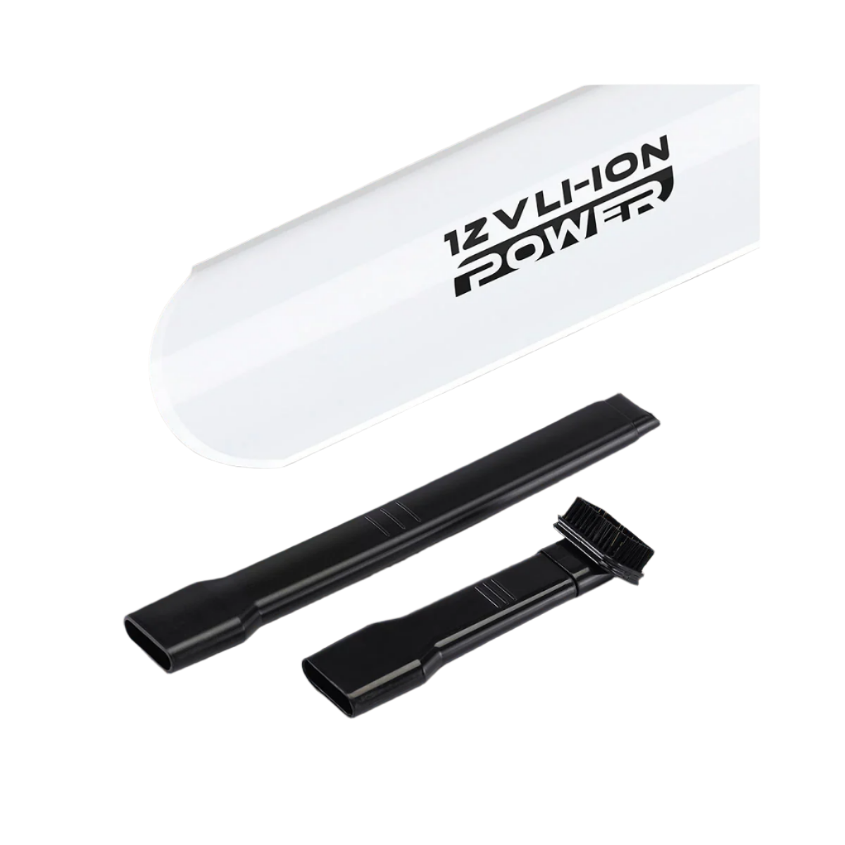 White and black hair dryer attachments on a wooden surface with '12V LION POWER' branding.