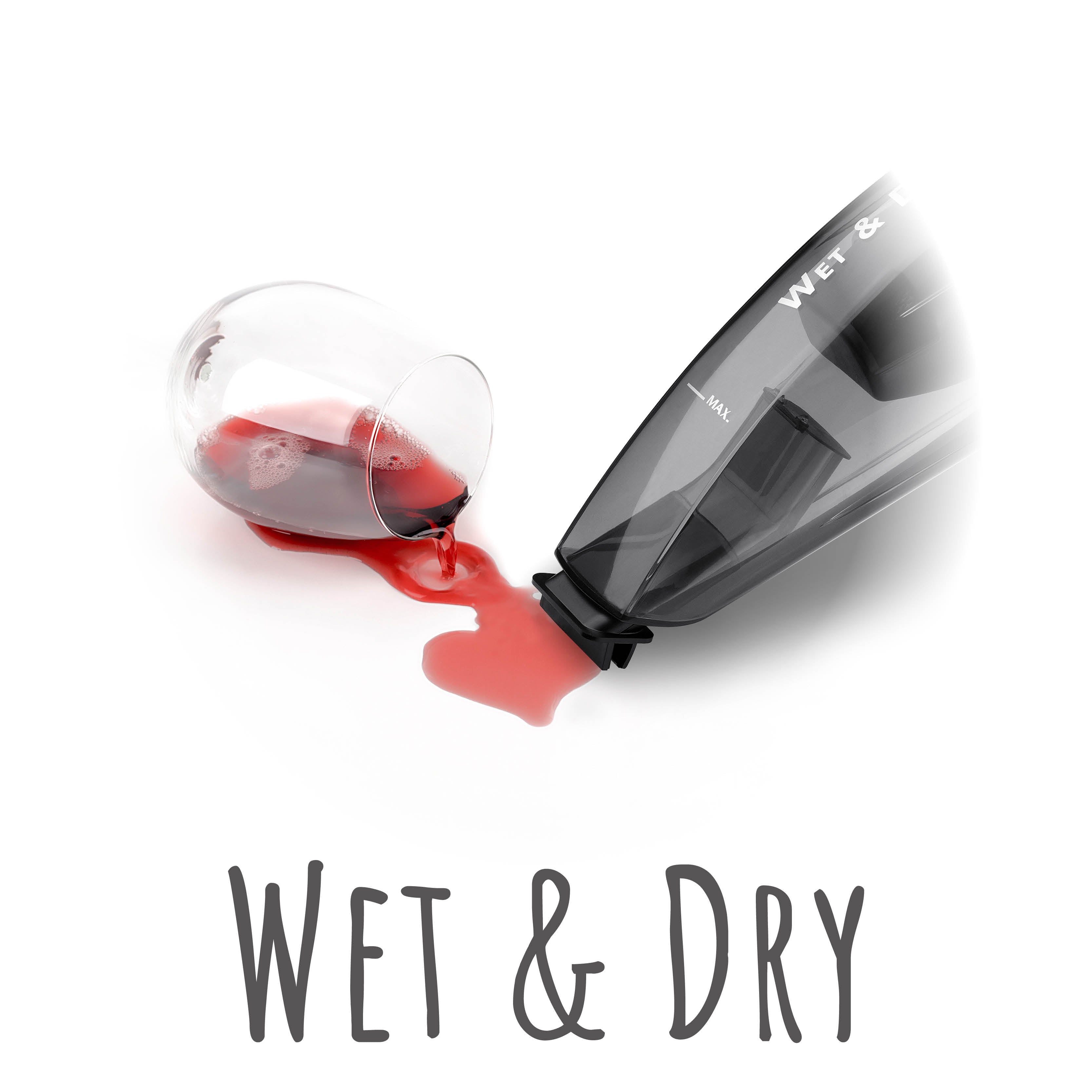 Wet & Dry product with a wine glass and red liquid on a white background