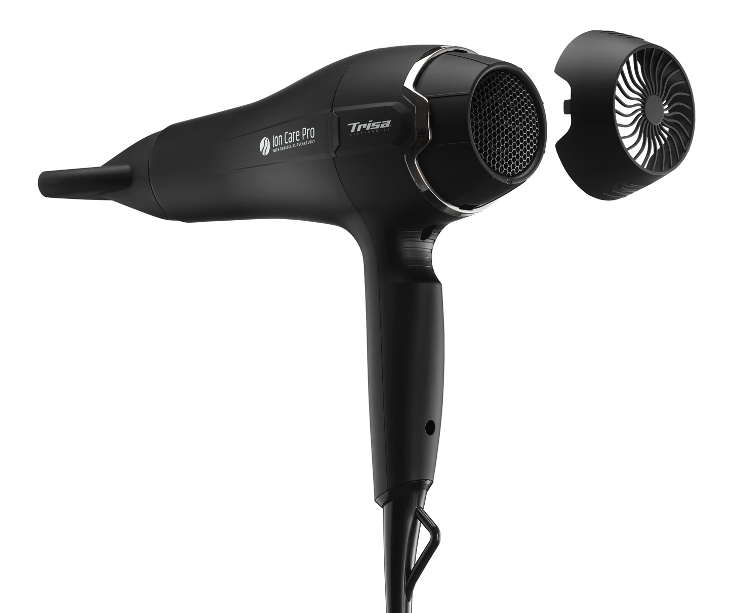 Black hair dryer with detachable nozzle on a white background