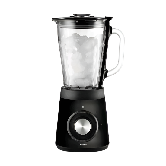 Black blender with a clear container filled with ice on a white background