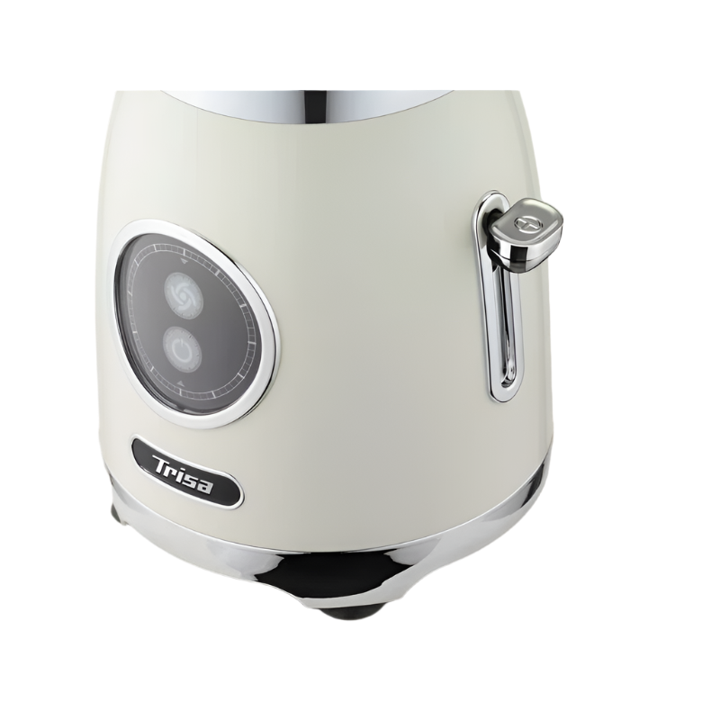 White electric kettle with chrome accents on a wooden surface