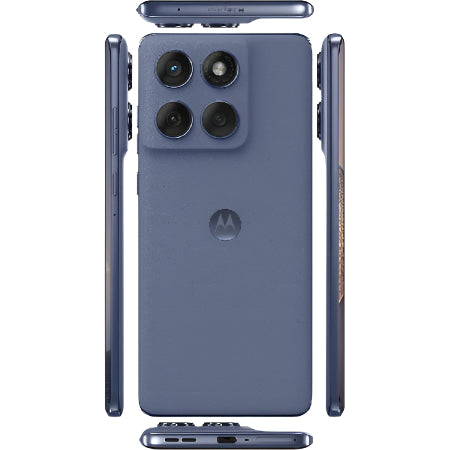 Blue smartphone showing front, back, and side views on a white background