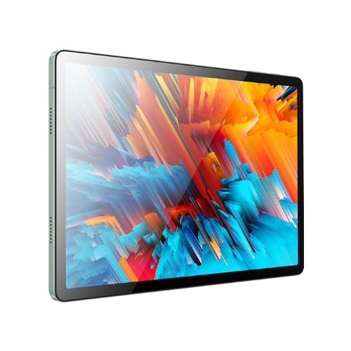 Tablet with a colorful abstract design on the screen against a white background