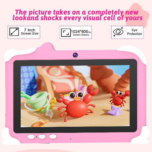Pink children's tablet with screen displaying cartoon crabs on a white background