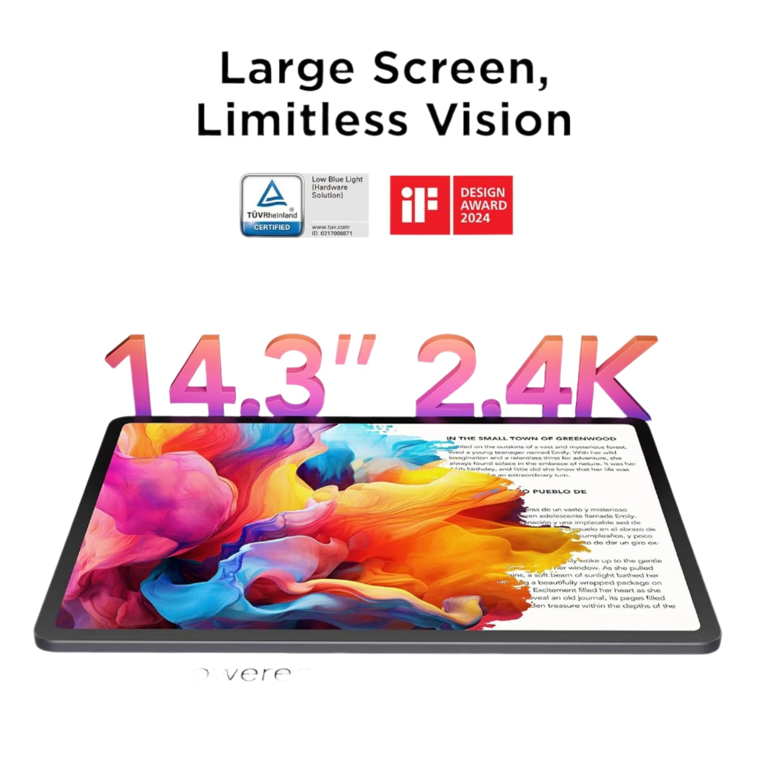 Tablet with large screen and colorful display, featuring NXTPAPER branding and design awards on a white background.