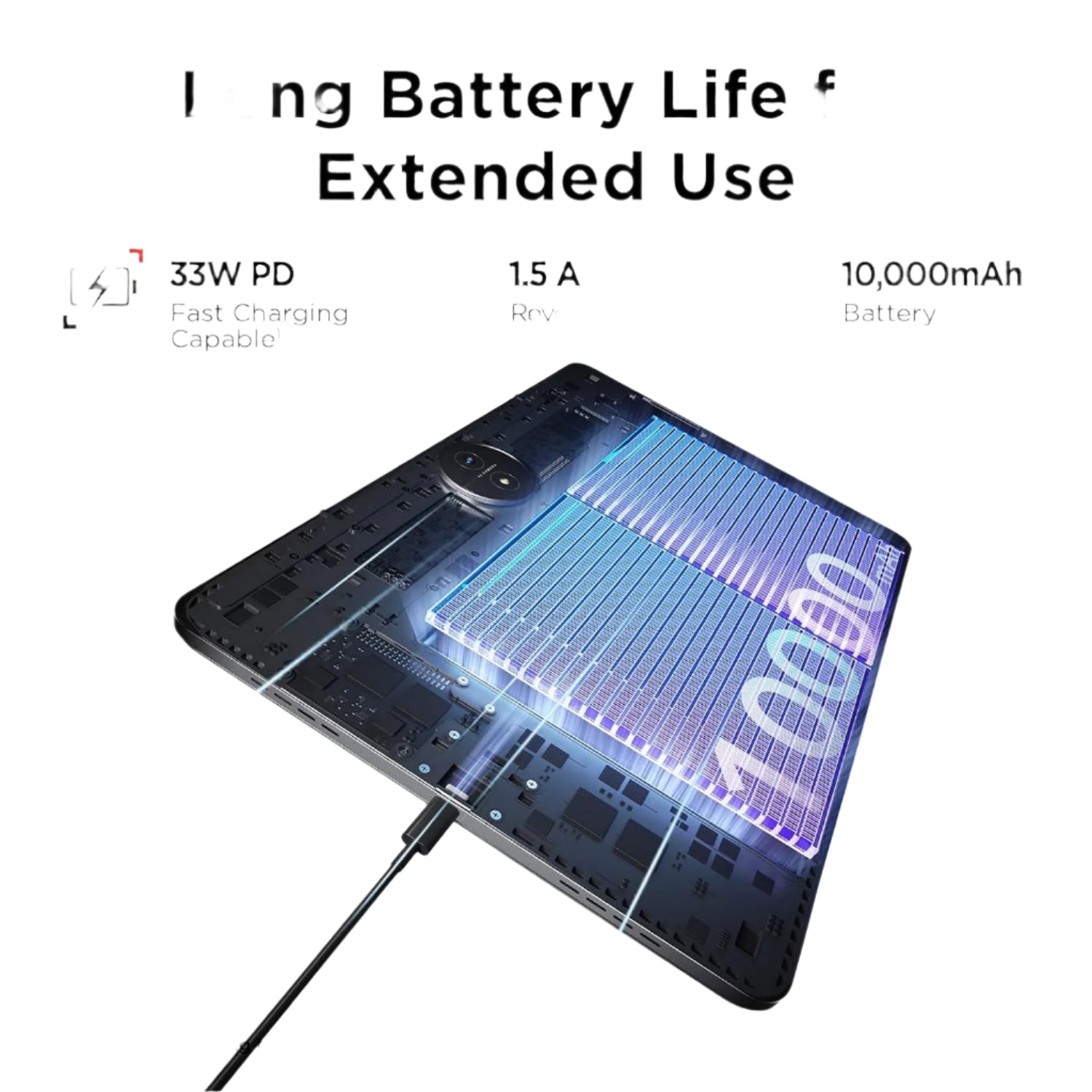 Tablet with charging cable and battery information on a white background