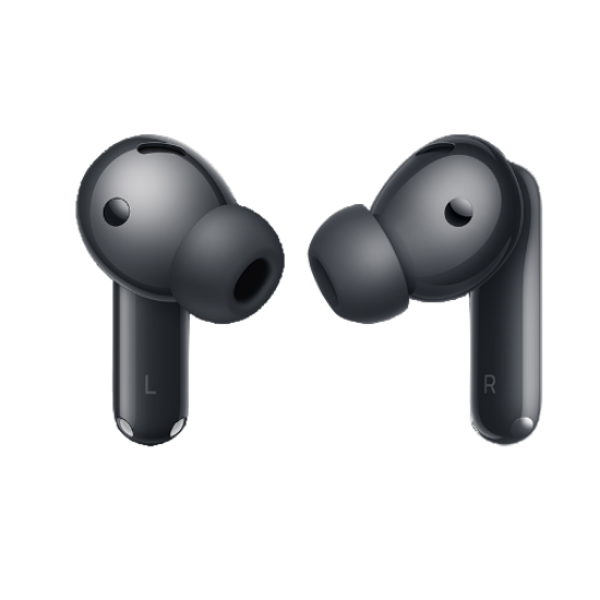 Black wireless earbuds labeled 'L' and 'R' on a white background