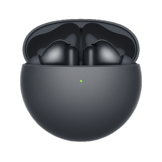 Black wireless earbuds in an open charging case on a white background