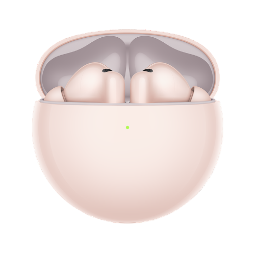 Pink wireless earbuds in a matching case on a white background