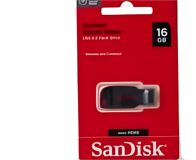 SanDisk USB drive packaging held by a hand with dimensions indicated.