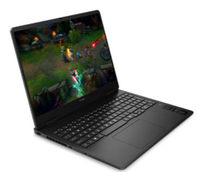 A black gaming laptop shown open at an angle against a plain white background, with a colorful game displayed on the screen.