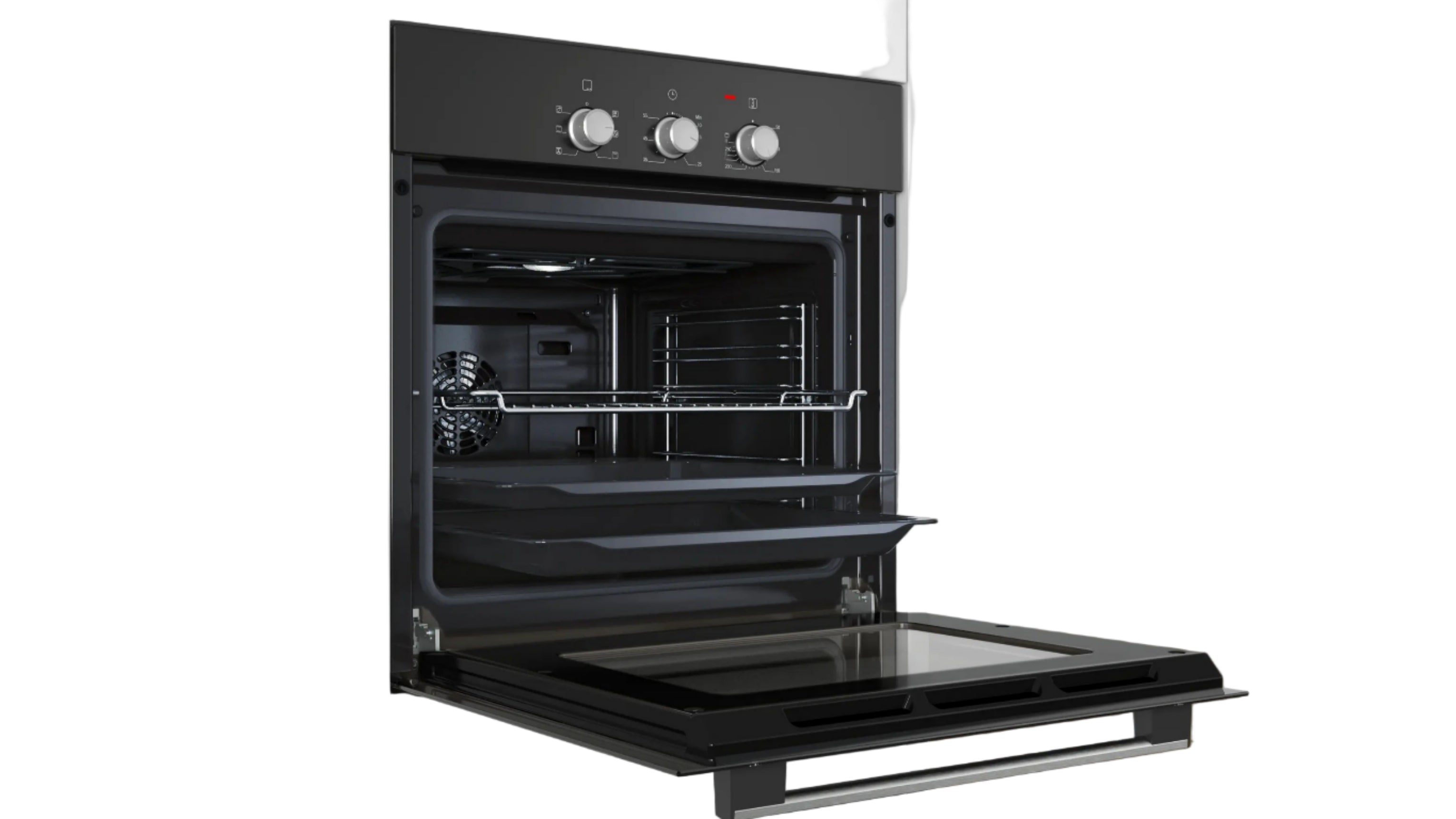 Black oven with open door in a kitchen setting