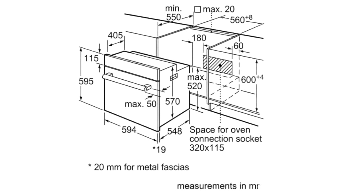 Technical drawing of a kitchen cabinet with dimensions labeled