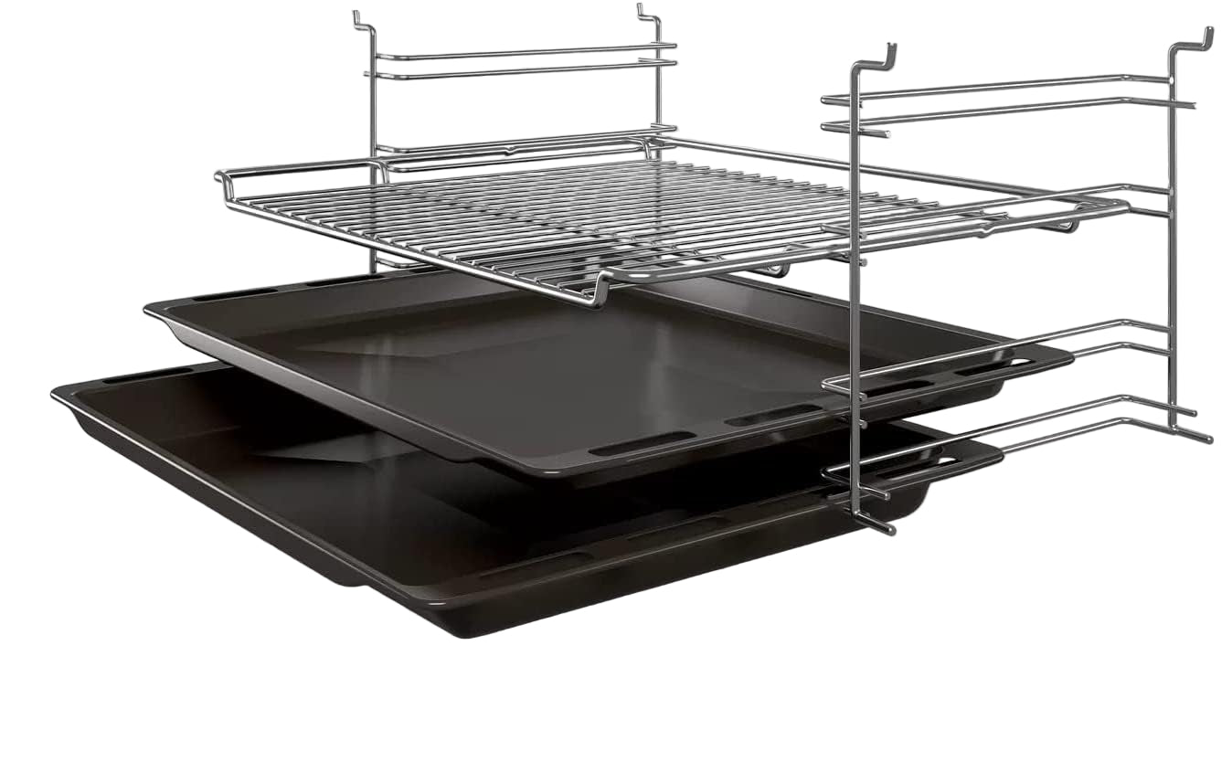 Set of black baking trays with a metal rack on a white background