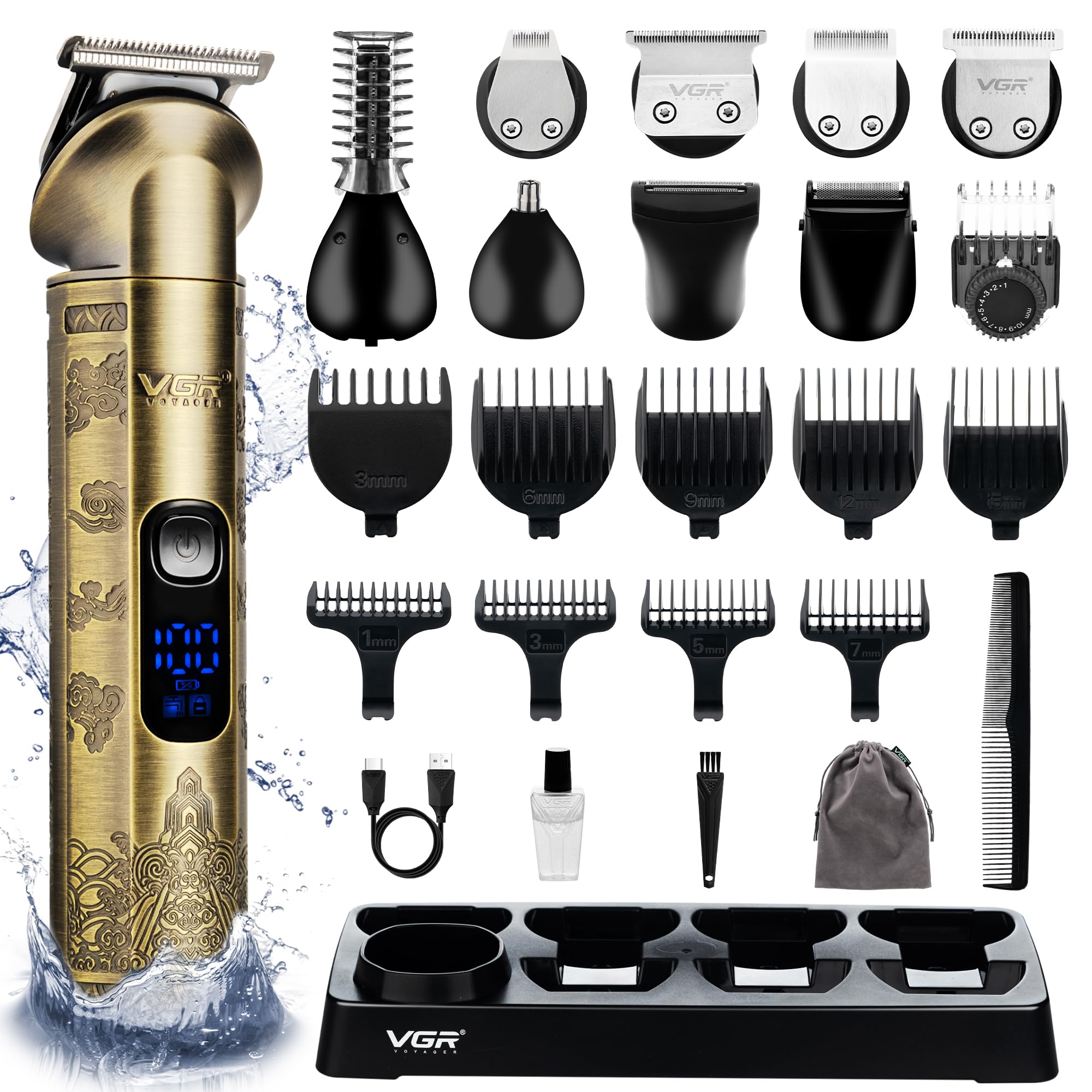 V-110 / VGR Professional Mens Beard Grooming 8 in 1 Grooming / 8 in 1 / BLACK