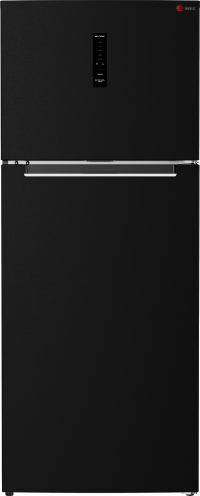 Black refrigerator with LG logo on a white background