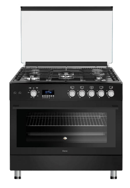 Ferre Gas Oven Full Safety, Digital Timer, 2Fan, 90*60 Cm, 2Turbo, 3Normal Burners, Black Ferre Gas Oven Full Safety, Digital Timer, 2Fan, 90*60 Cm, 2Turbo, 3Normal Burners, Black