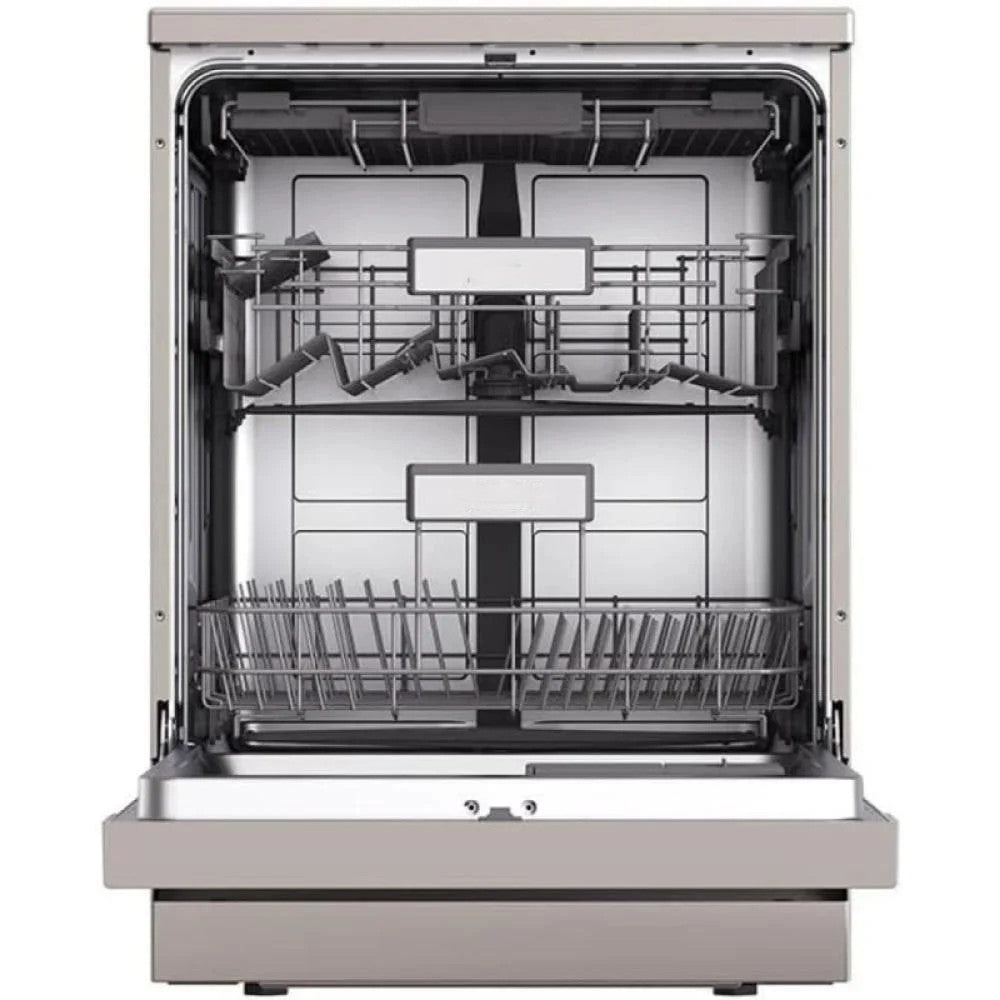 Stainless steel dishwasher with open door on a white background
