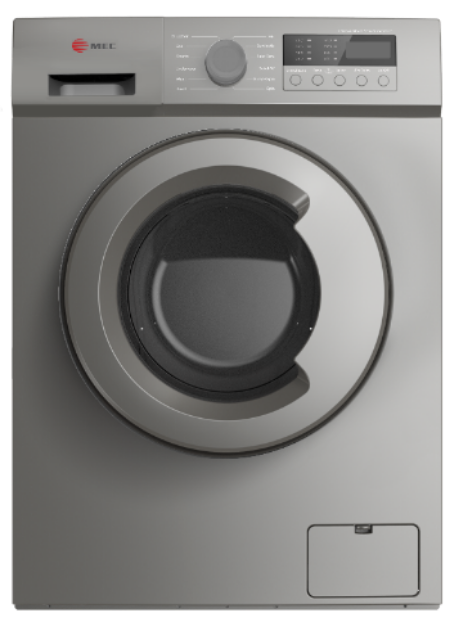 Gray front-loading washing machine with MEC branding on a white background